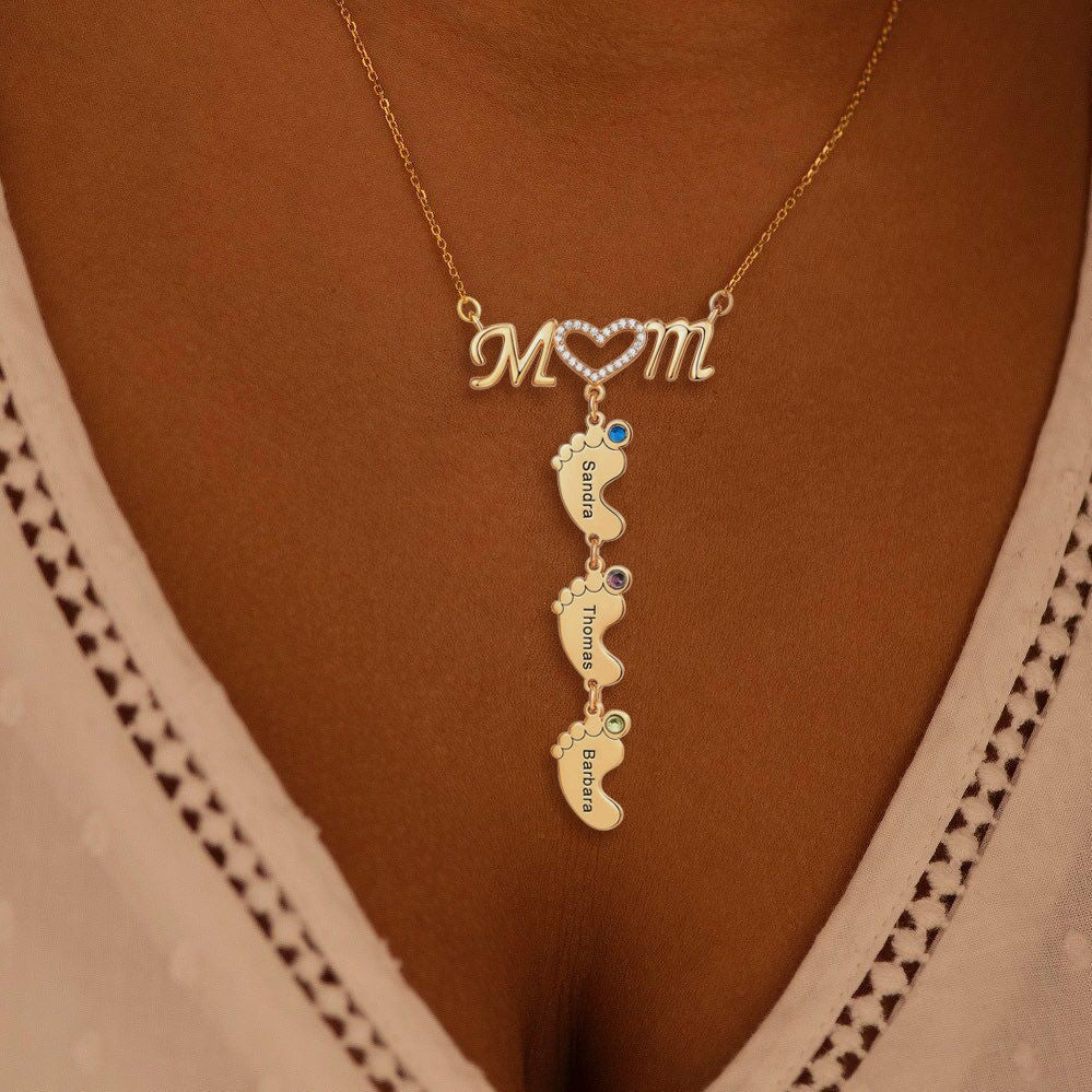 Mother's Necklace With Small Custom Name & Birthstone Baby Foot Charms