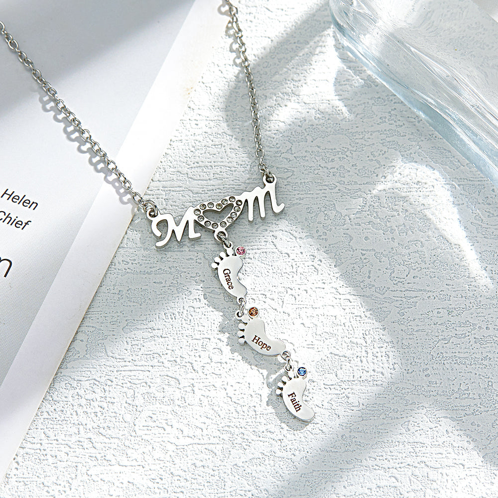 Mother's Necklace With Small Custom Name & Birthstone Baby Foot Charms