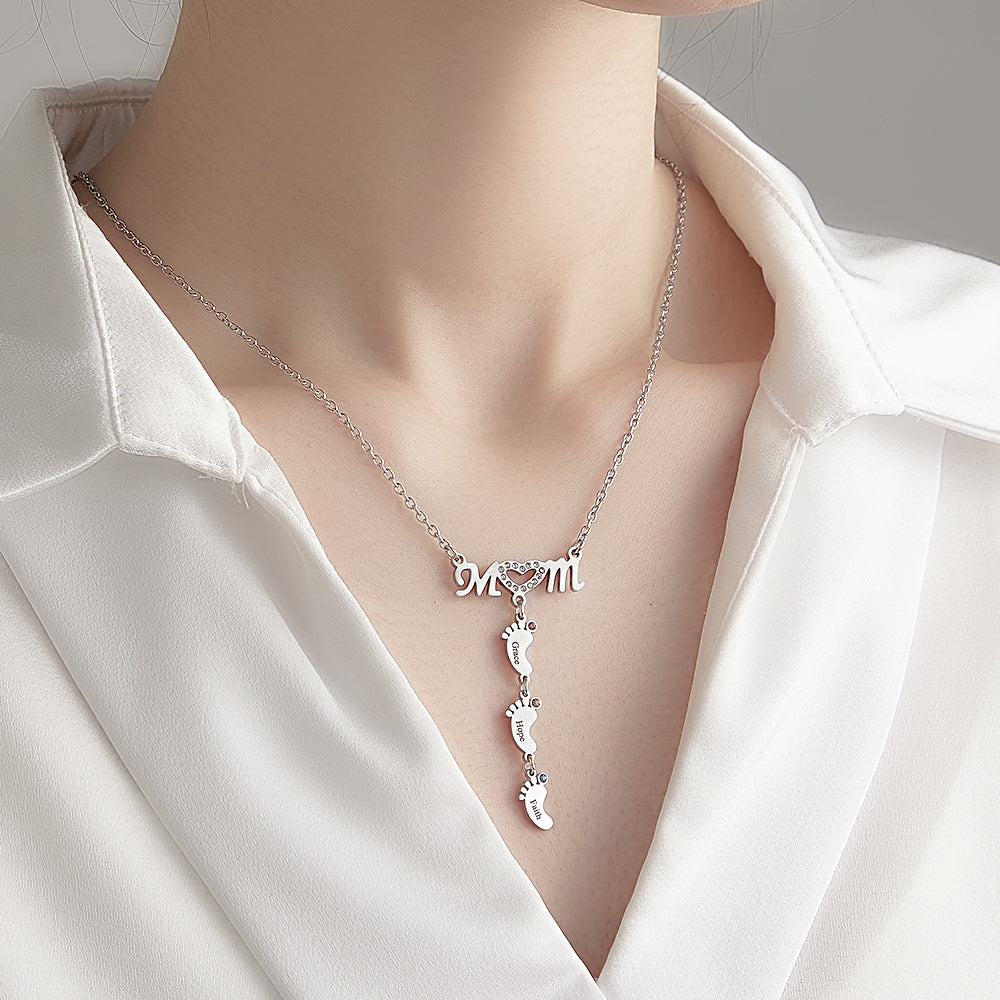 Mother's Necklace With Small Custom Name & Birthstone Baby Foot Charms