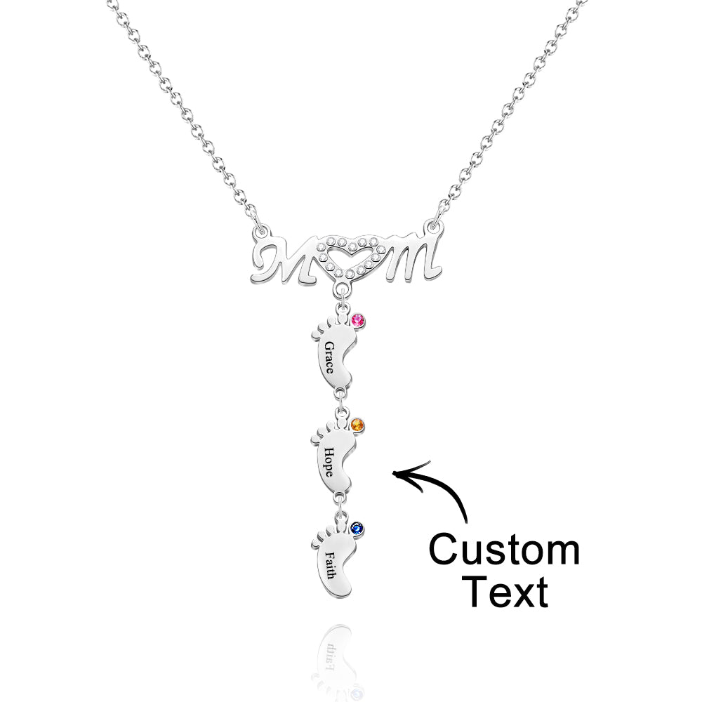Mother's Necklace With Small Custom Name & Birthstone Baby Foot Charms