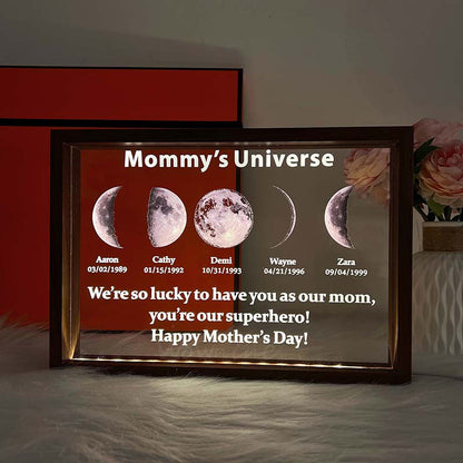 Led Light Frame With Text And Date The Real Moon Phase- Mom's Universe,Gift For MOM