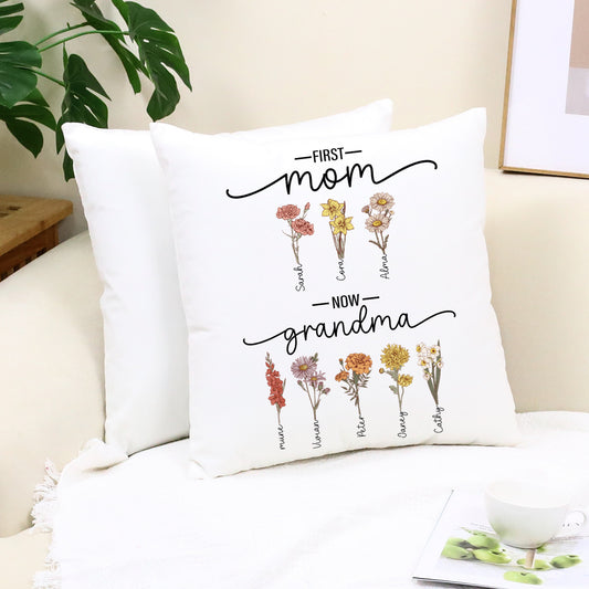 First Mom Now Grandma - Birth Flower Customized Pillow Cushion