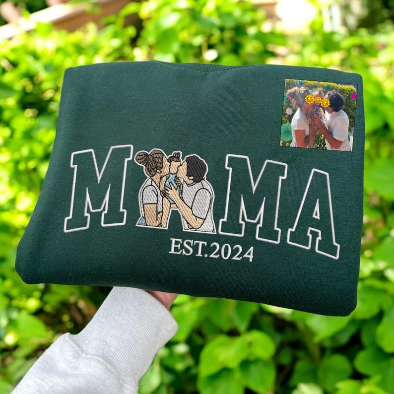 Mama Sweatshirt with Photo, Custom Embroidered Hoodie Mama and Kids Portrait, Varsity Shirt