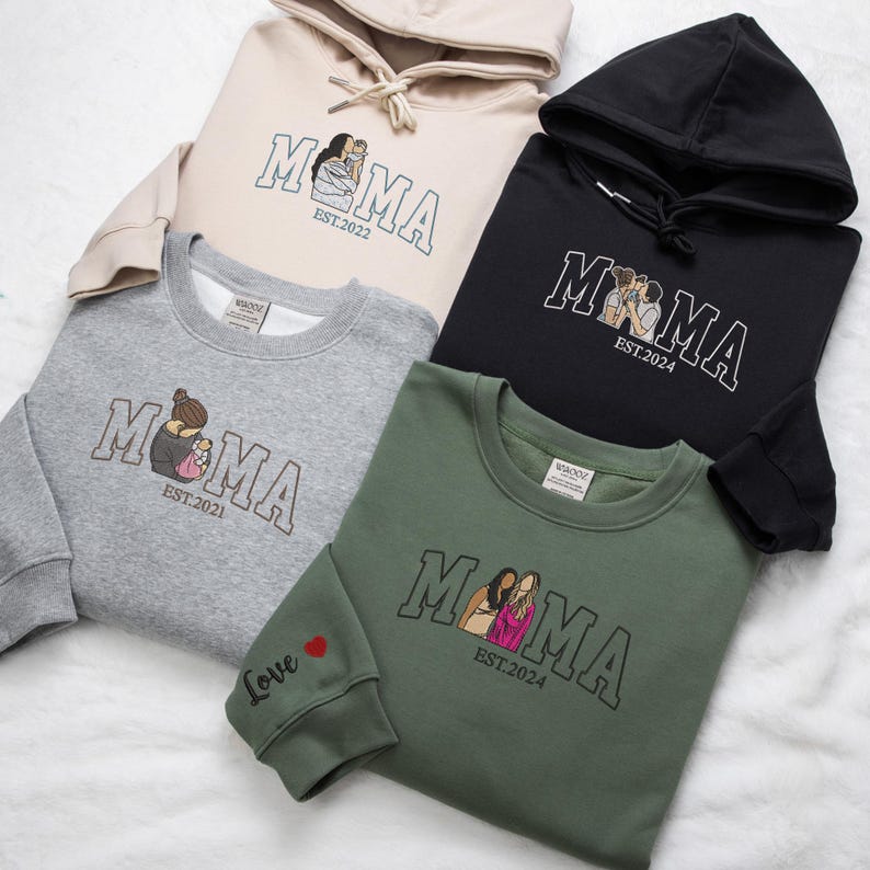 Mama Sweatshirt with Photo, Custom Embroidered Hoodie Mama and Kids Portrait, Varsity Shirt