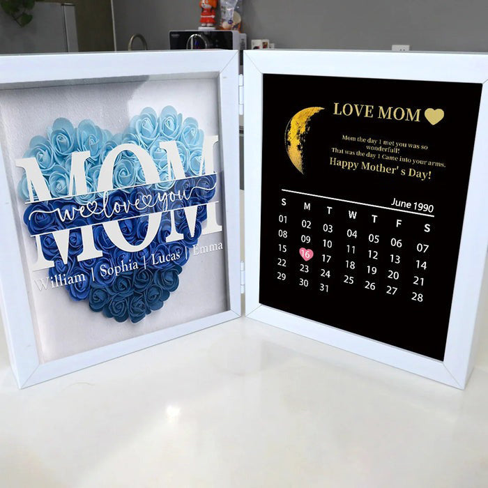 Mom We Love You With REAL MOON PHASE Anniversary Calendar - Personalized Flower Shadow Box