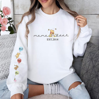 Custom Mama Bear Sweatshirt, Mama Est with Kid Name on Sleeve Sweatshirt