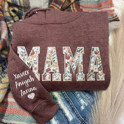 Personalized Embroidered Mama Sweatshirt Hoodie with Names on Sleeve