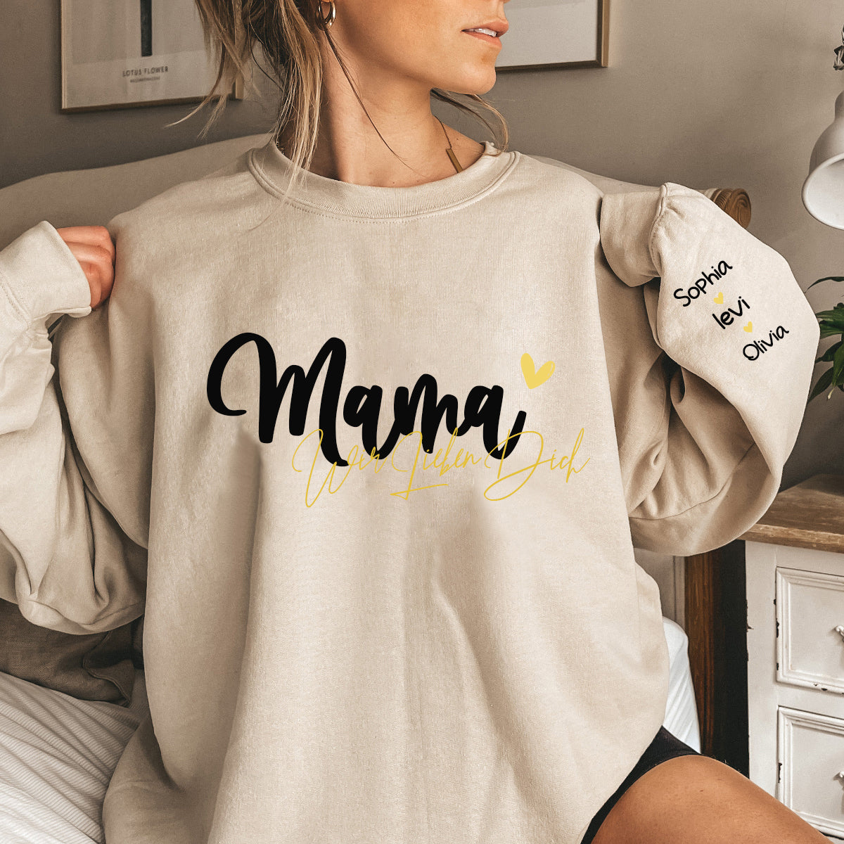 Personalized MAMA “We love you” German Sweatshirt with Kids Name on Sleeve-Mother's Day Sale