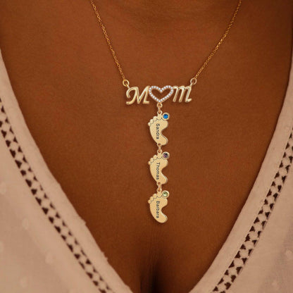 Mother's Necklace With Small Custom Name & Birthstone Baby Foot Charms