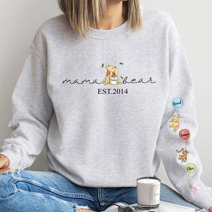 Custom Mama Bear Sweatshirt, Mama Est with Kid Name on Sleeve Sweatshirt