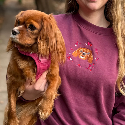 Custom Embroidered Pet Portrait With Pink Hearts Design Valentines Sweatshirt