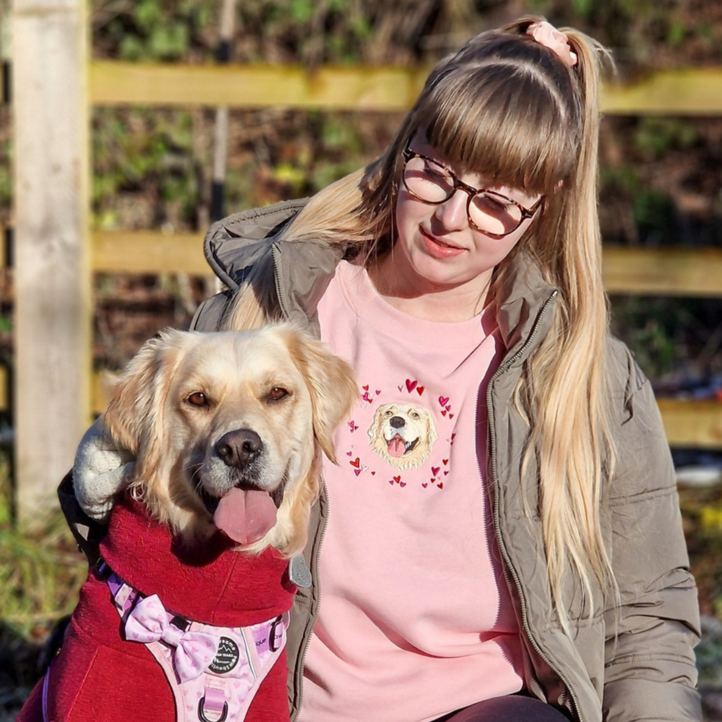 Custom Embroidered Pet Portrait With Pink Hearts Design Valentines Sweatshirt