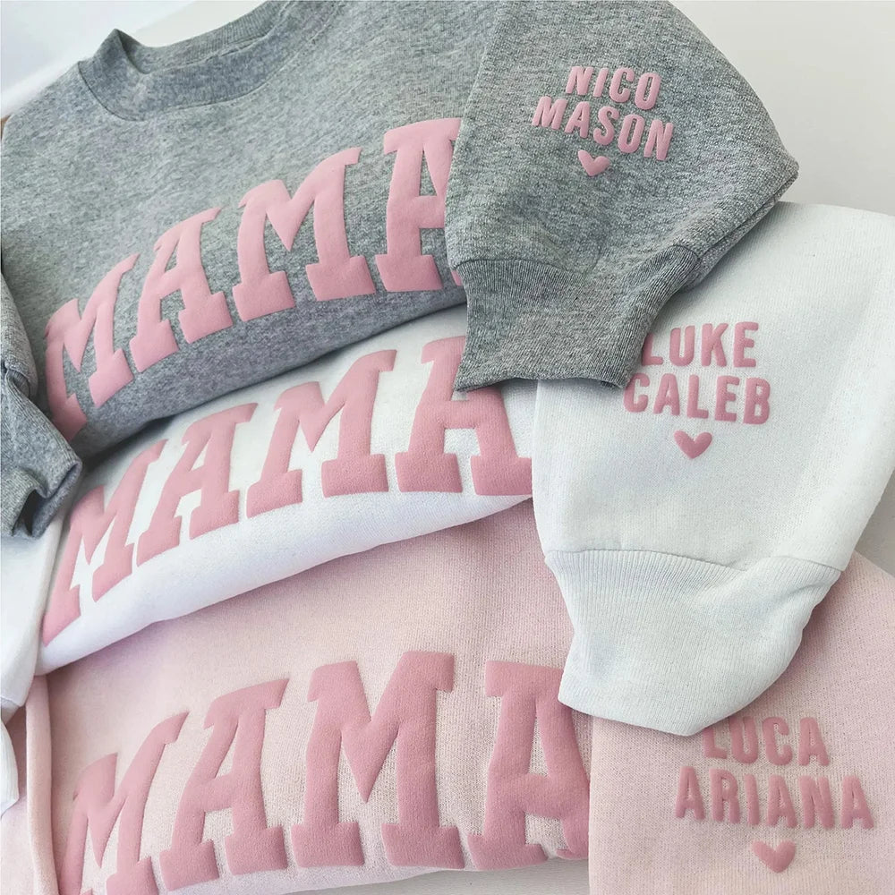 Custom Puff Letters Mama Sweatshirt With Kids Names On Sleeve