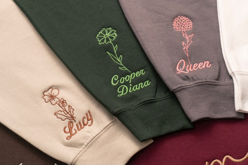 Embroidered Custom Mama Sweatshirt with Mama Birth Flowers & Names on Sleeve