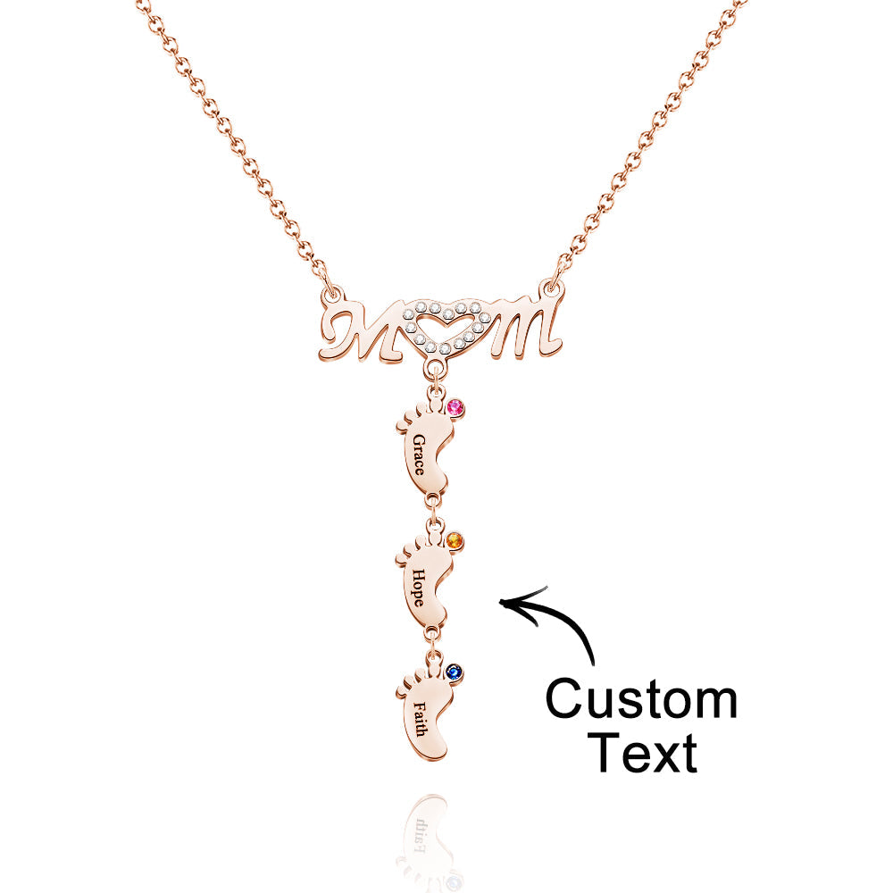 Mother's Necklace With Small Custom Name & Birthstone Baby Foot Charms