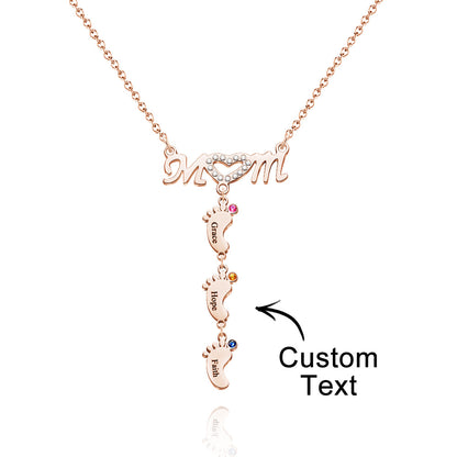 Mother's Necklace With Small Custom Name & Birthstone Baby Foot Charms