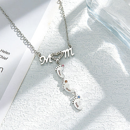 Mother's Necklace With Small Custom Name & Birthstone Baby Foot Charms