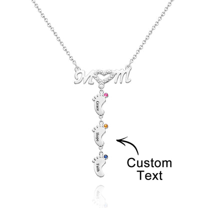 Mother's Necklace With Small Custom Name & Birthstone Baby Foot Charms