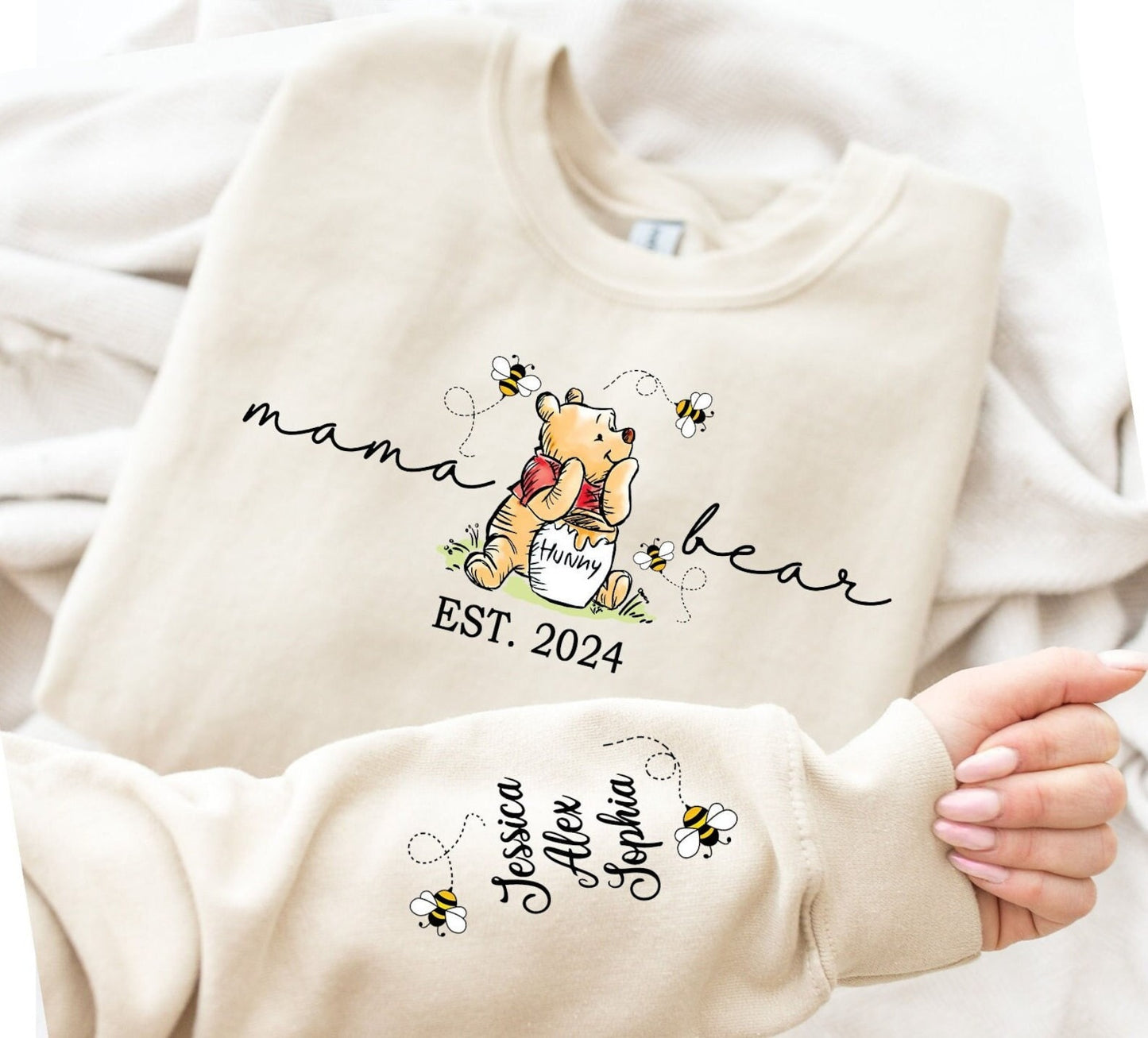 Custom Mama Bear Sweatshirt with Kid Name on Sleeve Sweatshirt