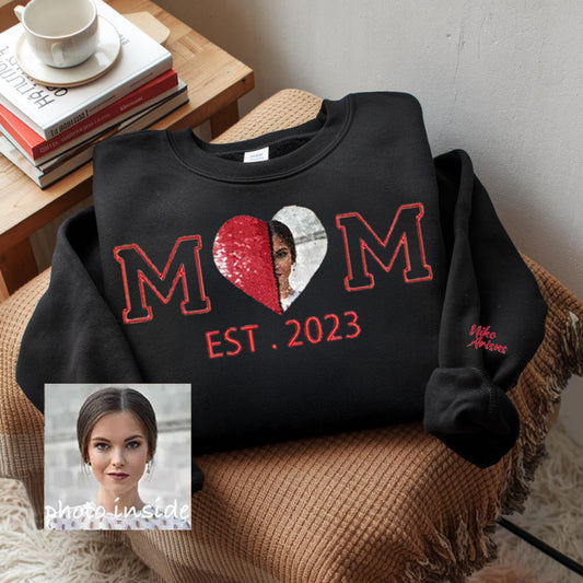 Custom Photo Flip Sequin Sweatshirt With Embroidered Mom Design