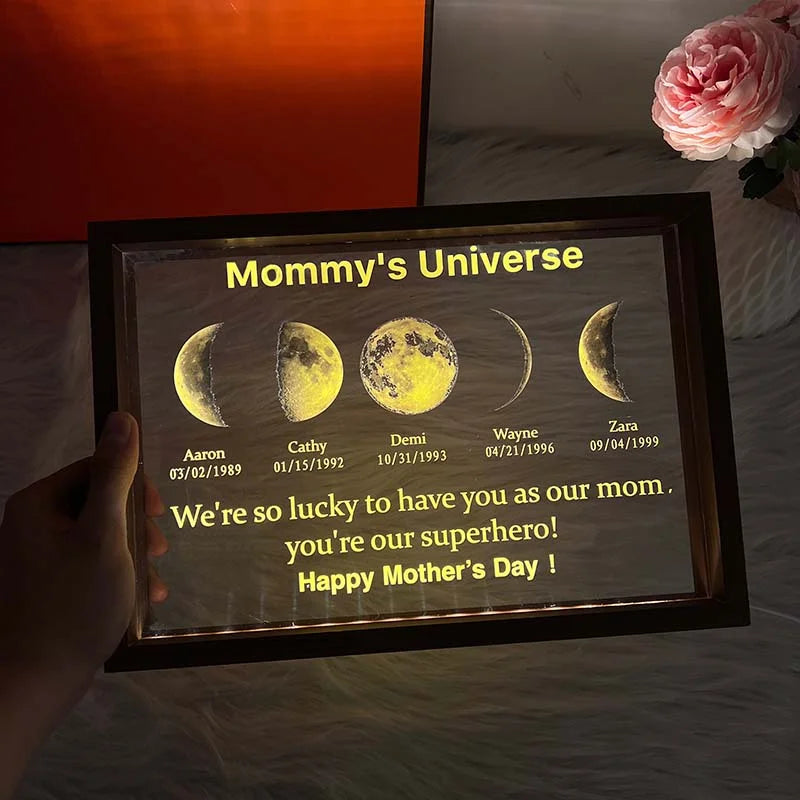 Led Light Frame With Text And Date The Real Moon Phase- Mom's Universe,Gift For MOM