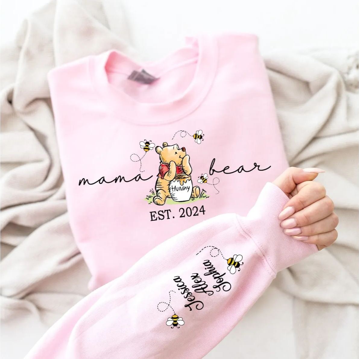 Custom Mama Bear Sweatshirt with Kid Name on Sleeve Sweatshirt