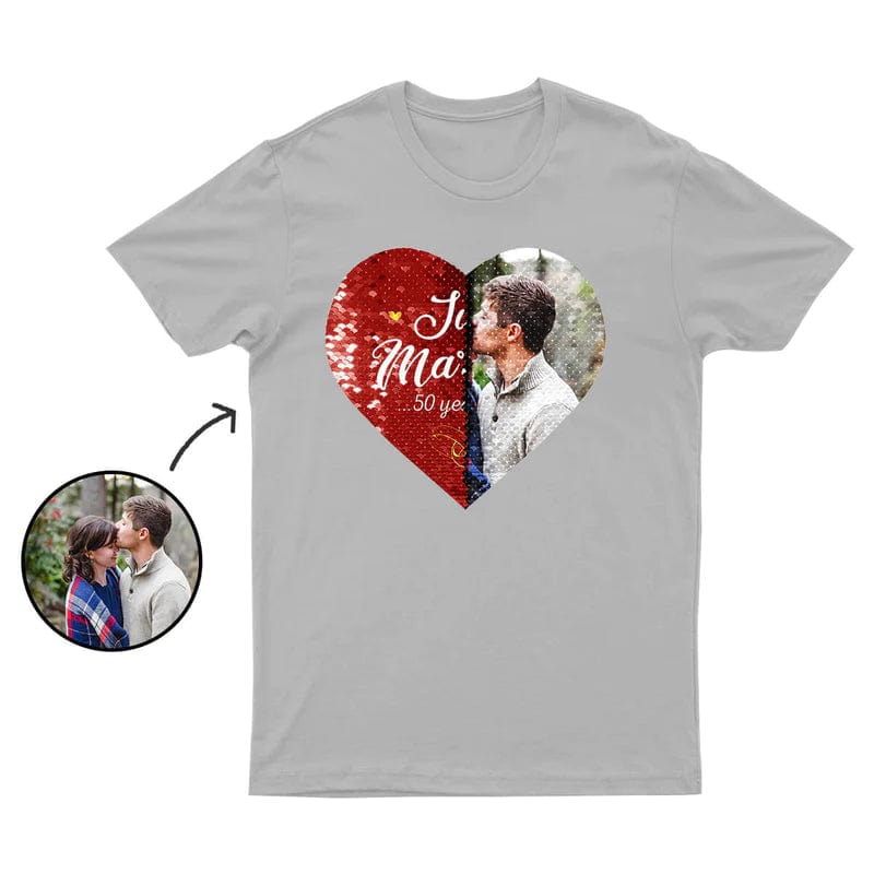 Custom Photo or Text Cotton T-shirt DIY Heart Sequin Tee For Men and Women