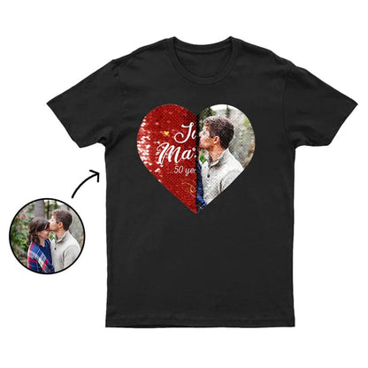 Custom Photo or Text Cotton T-shirt DIY Heart Sequin Tee For Men and Women