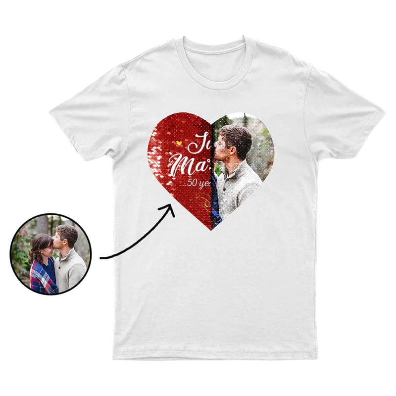 Custom Photo or Text Cotton T-shirt DIY Heart Sequin Tee For Men and Women