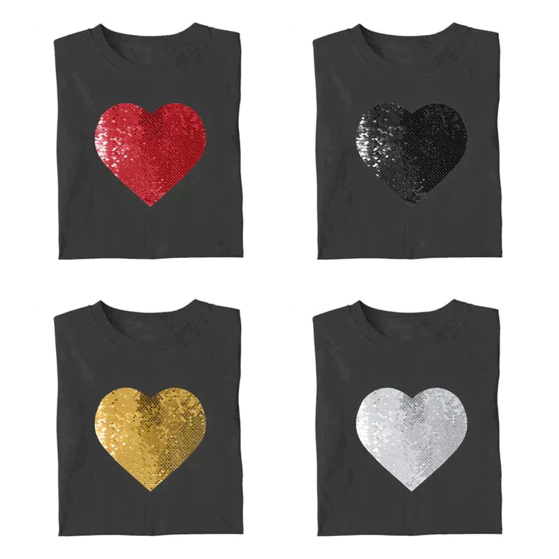 Custom Photo or Text Cotton T-shirt DIY Heart Sequin Tee For Men and Women