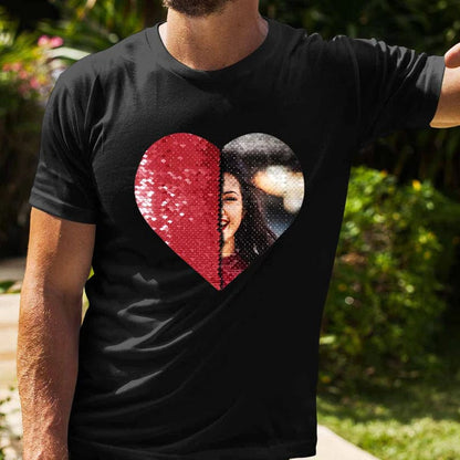 Custom Photo or Text Cotton T-shirt DIY Heart Sequin Tee For Men and Women