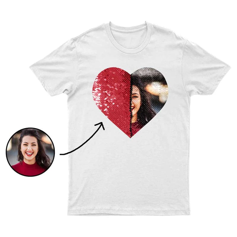 Custom Photo or Text Cotton T-shirt DIY Heart Sequin Tee For Men and Women