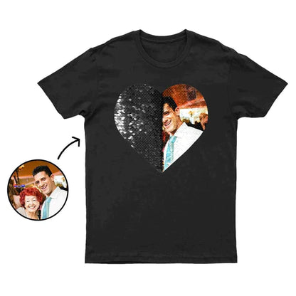 Custom Photo or Text Cotton T-shirt DIY Heart Sequin Tee For Men and Women