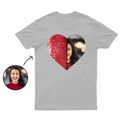 Custom Photo or Text Cotton T-shirt DIY Heart Sequin Tee For Men and Women