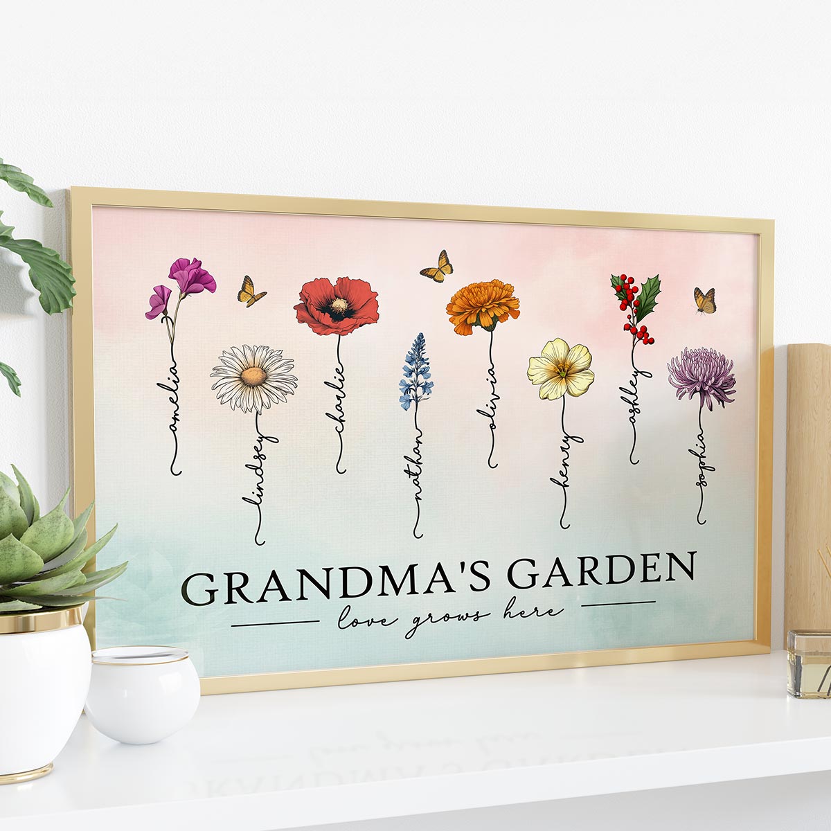 Grandma‘s Garden Love Grows Here Beautiful Birth Month Flowers Personalized Poster