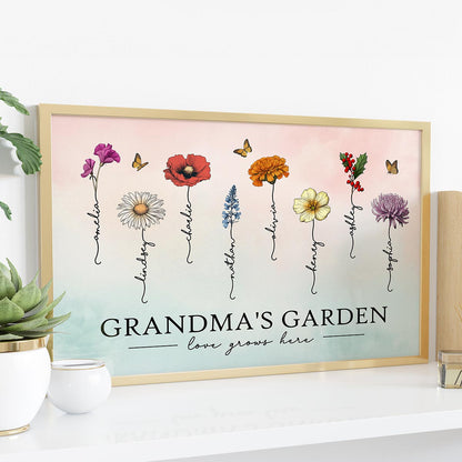 Grandma‘s Garden Love Grows Here Beautiful Birth Month Flowers Personalized Poster